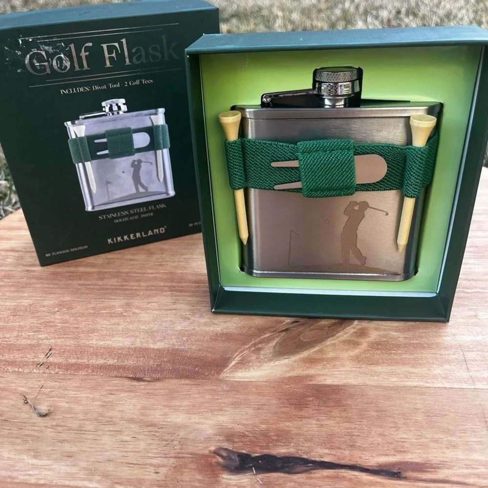 NEW Kikkerland Golf Stainless Steel Flask with Green Holder (Holds 6oz)